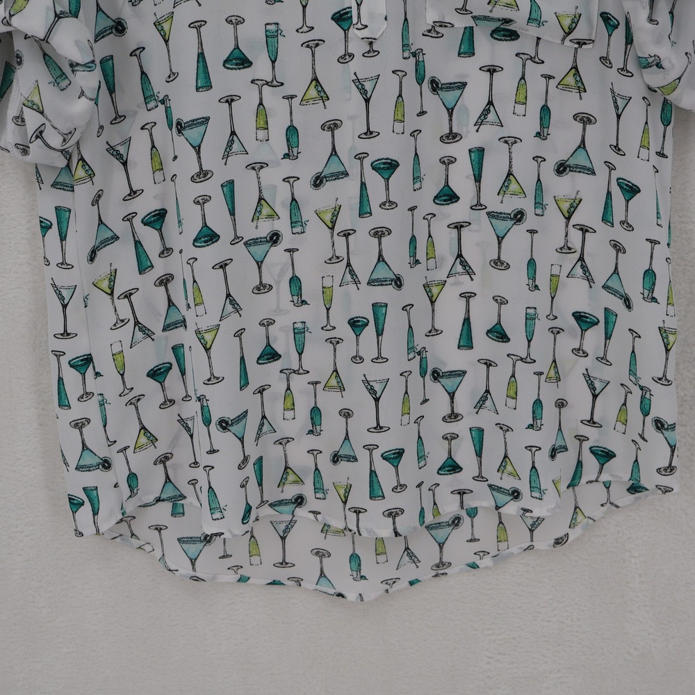 New York & Company Cocktail Print Button Top Womens Size M White Roll Tab Sleeve - Picture 7 of 12